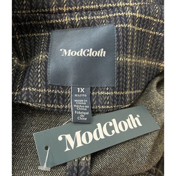 ModCloth Blue and Gold Plaid Tie Waist Women's Blazer Size 1X - Picture 4 of 5